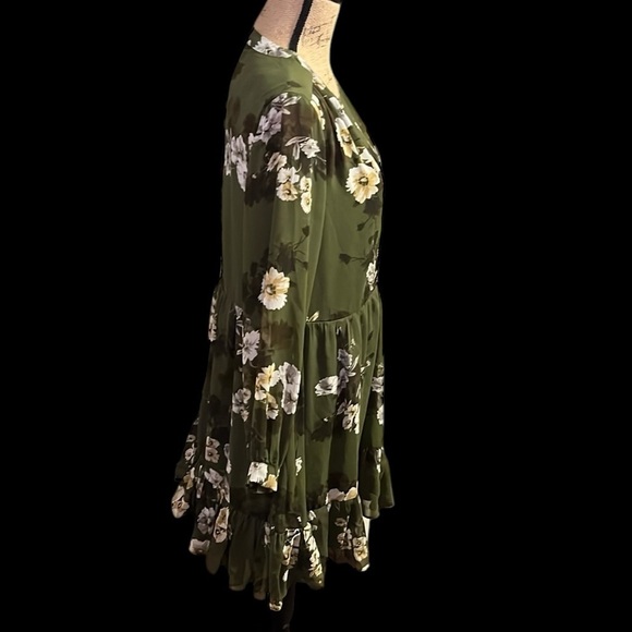 Vince Camuto olive floral print lined long sleeve dress with semi-sheer sleeves - Picture 4 of 9